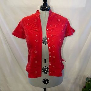 Sag Harbor, women’s, red w/white embroidery stars, button up, short sleeve, med